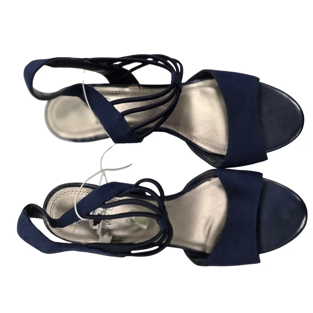 IMPO Vanolo Navy Blue Wedge Sandals Elastic Multi-Strap Dress Shoes Womens 7M